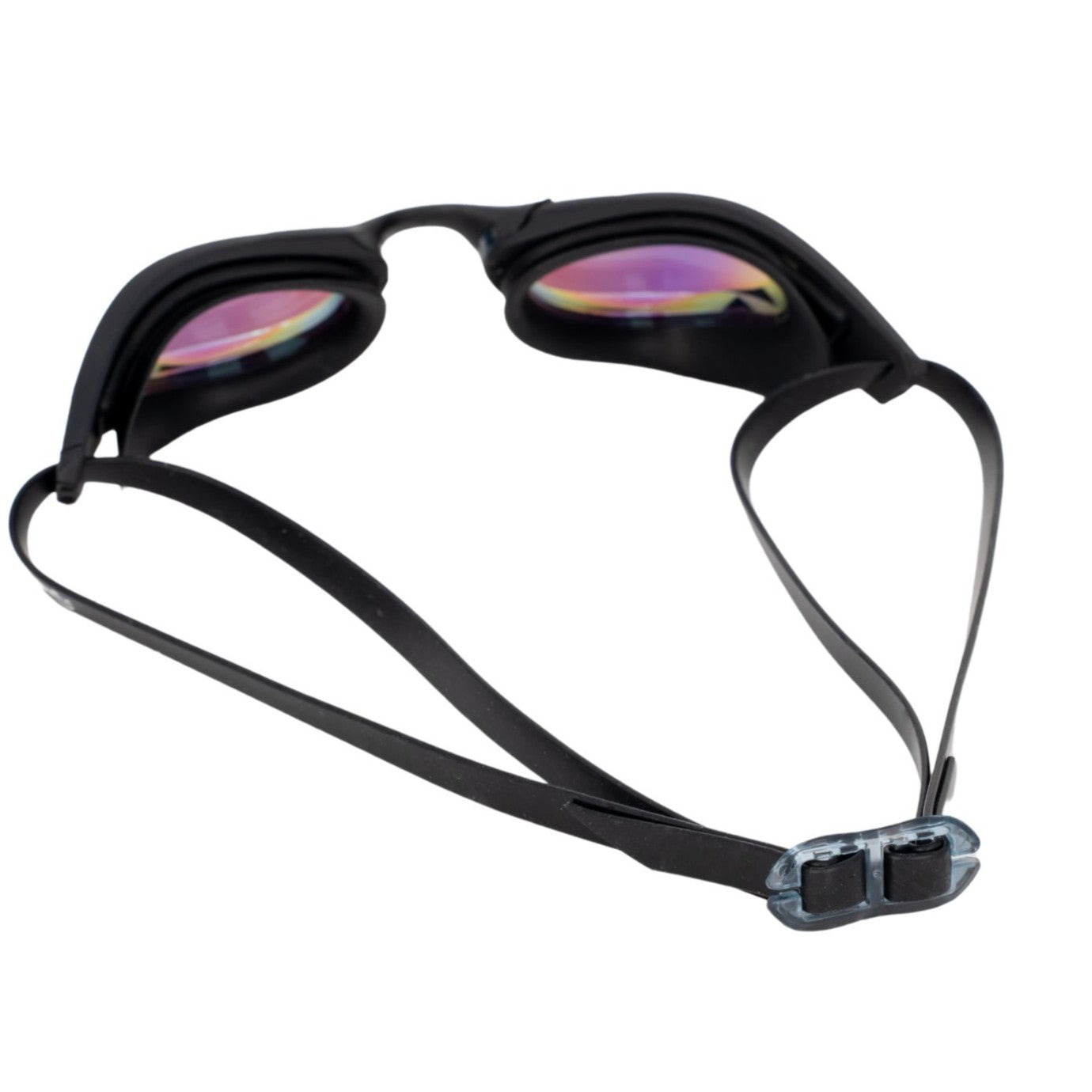 Rear view of the Squad goggles. Black race goggles with strap showing.