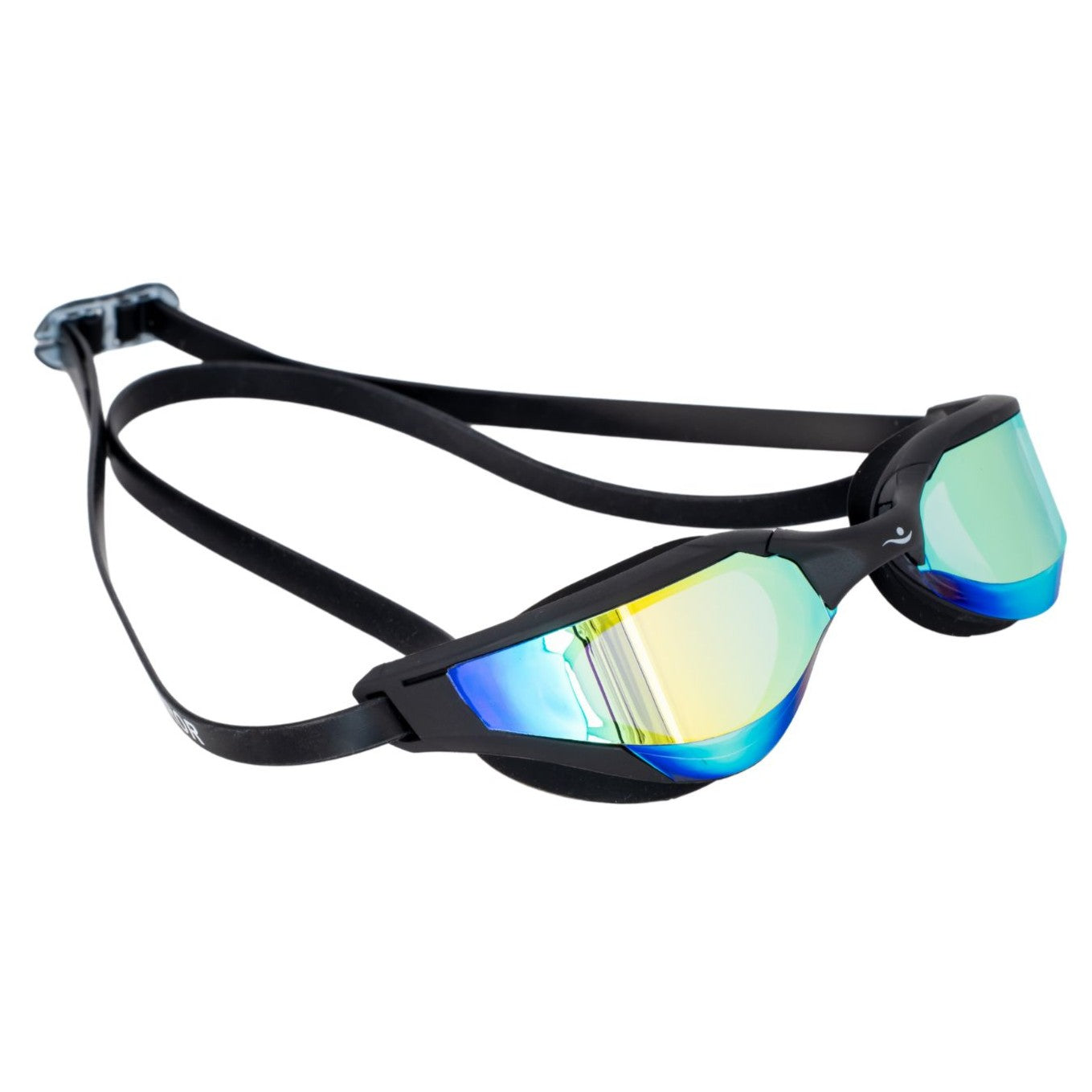 Swimming race goggles with black frame and reflective blue lenses on a white background