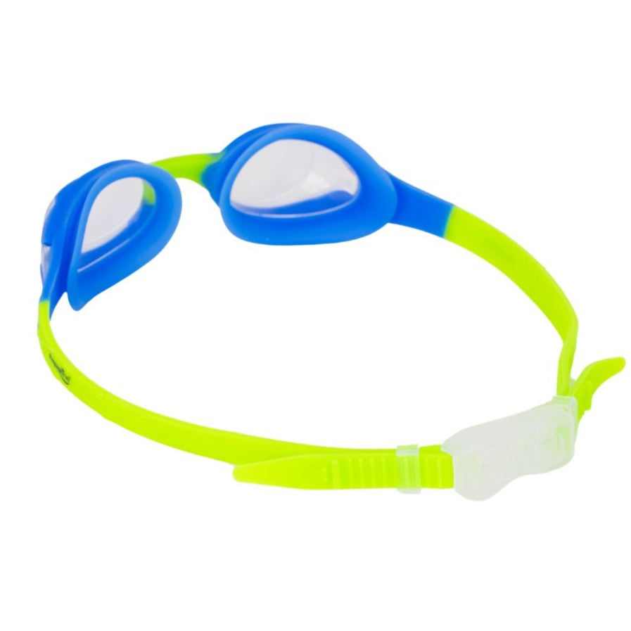 Blue and green swim goggles on a white background