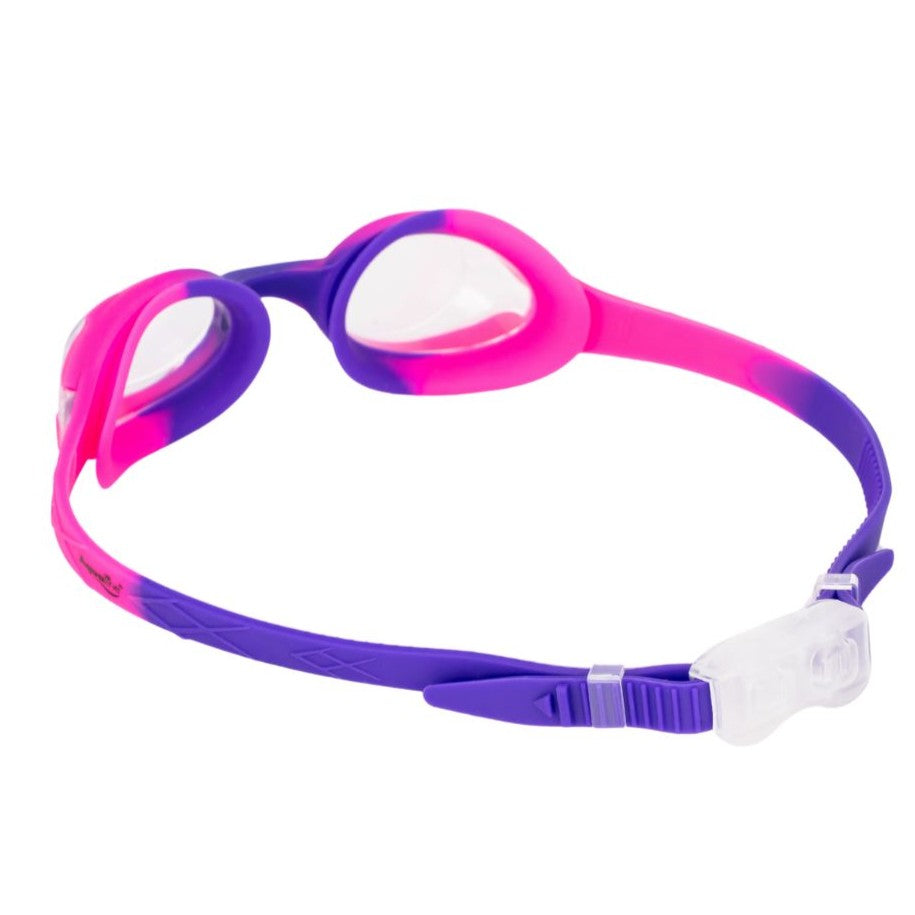 Pink and purple swim goggles on a white background