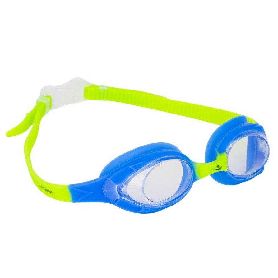 Blue and green swim goggles on a white background