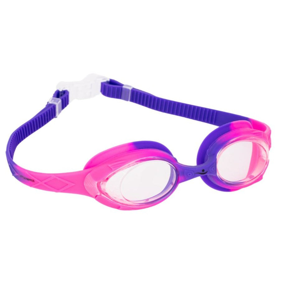 Pink and purple swim goggles on a white background
