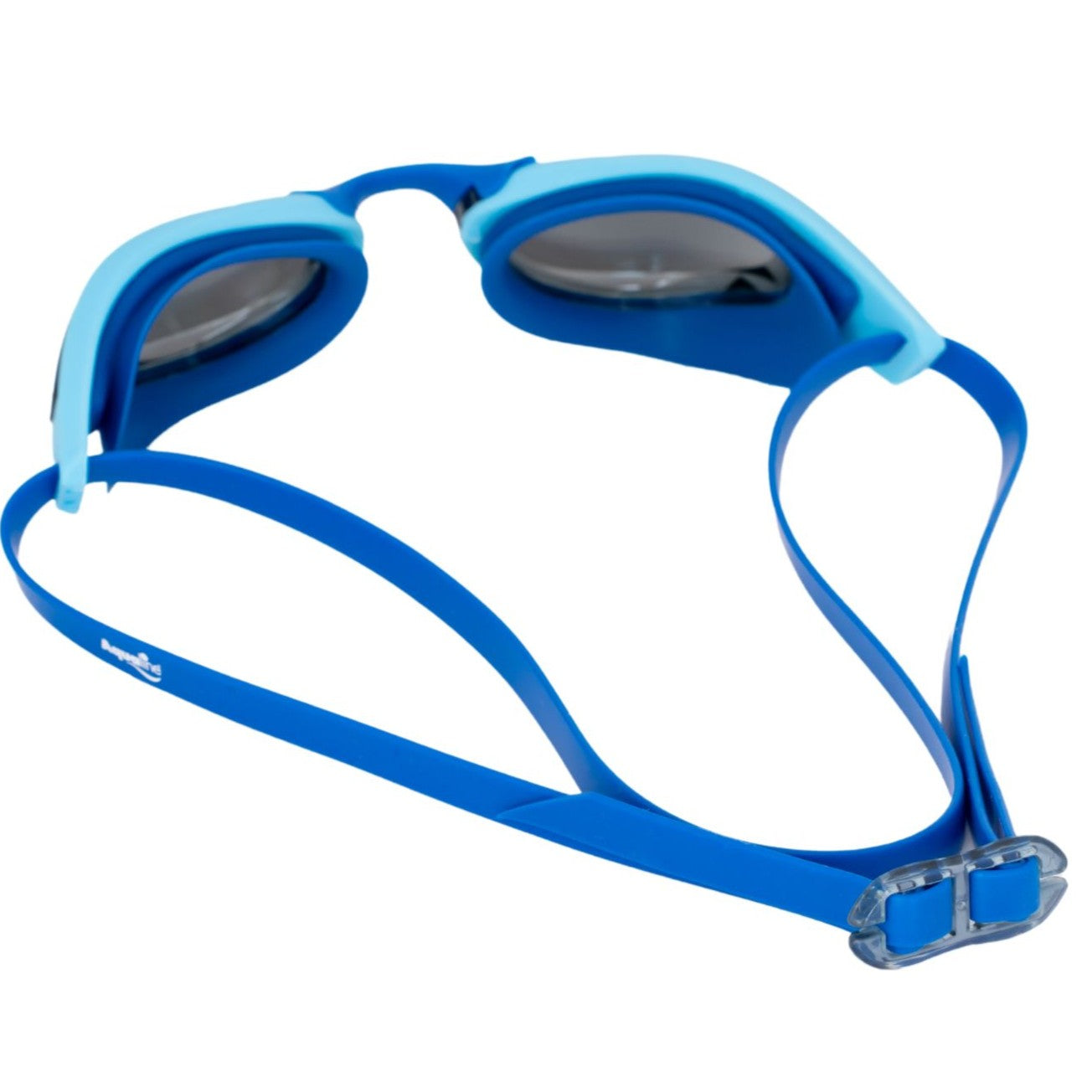 Rear view of the Squad goggles. Blue race goggles with strap showing.