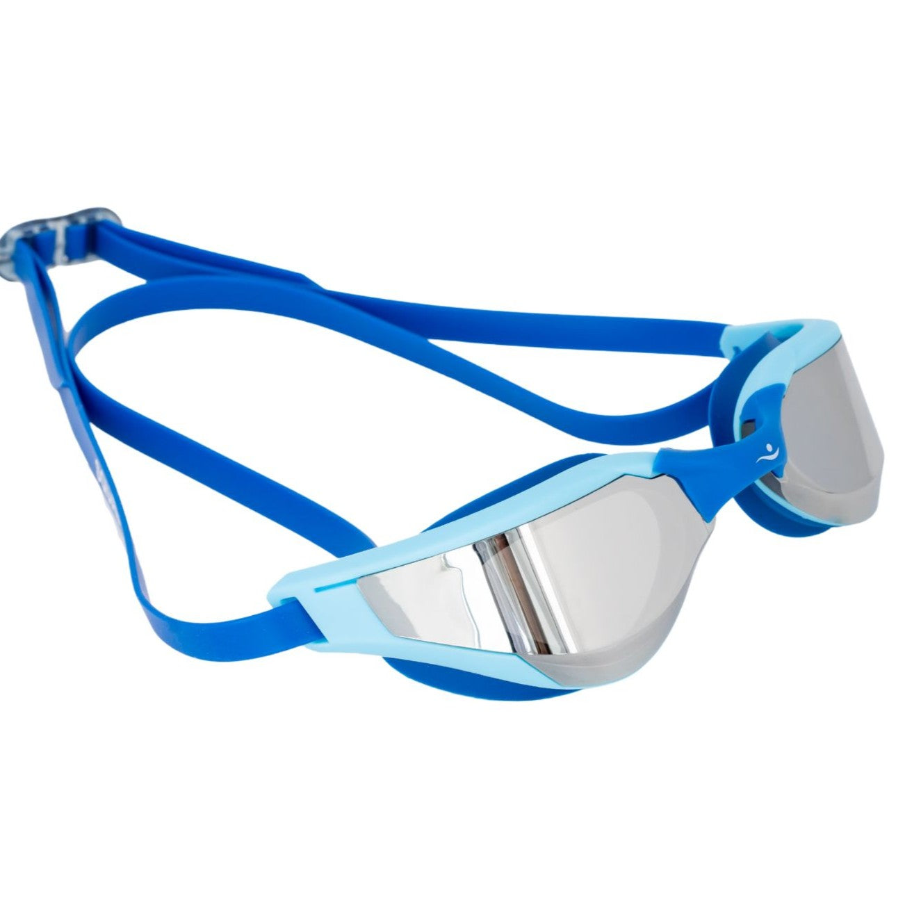 Blue and silver Squad race swim goggles on a white background